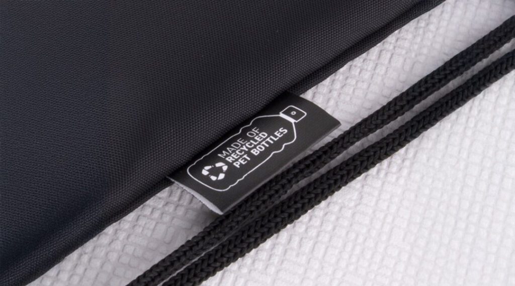 Made of recycled PET bottles tag on item
