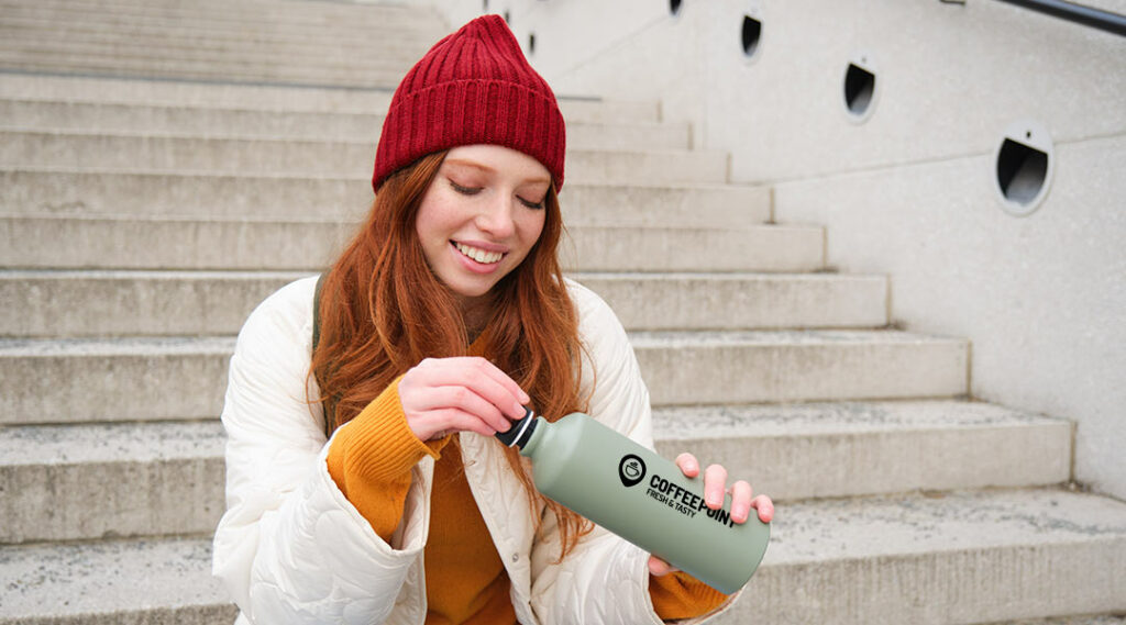 Person with branded water bottle 