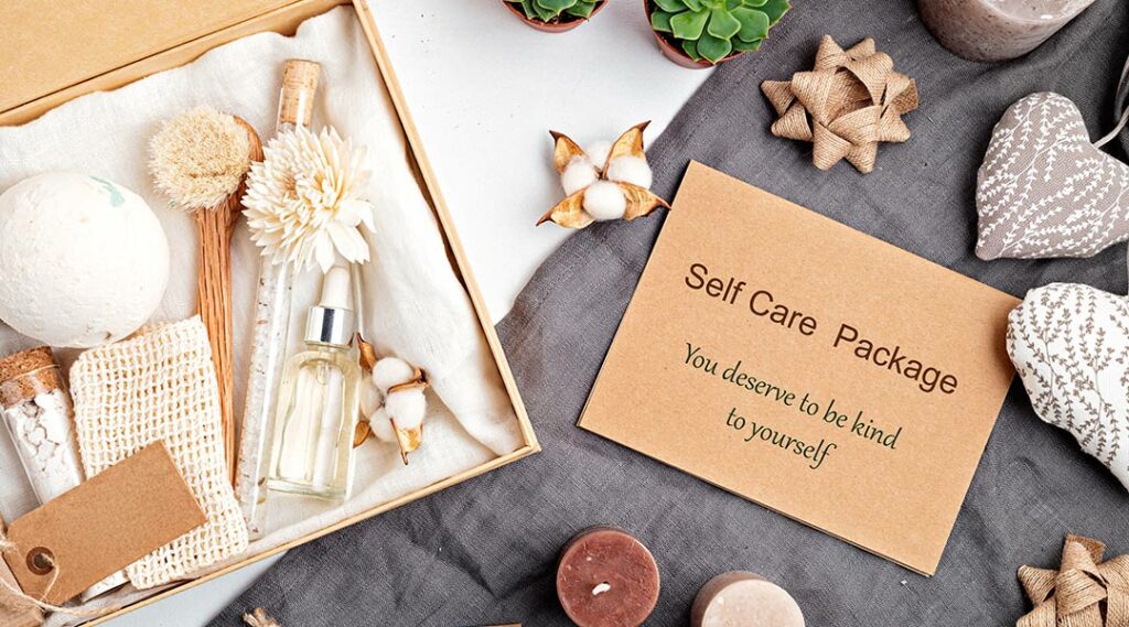 Self-care package with branded corporate gifts