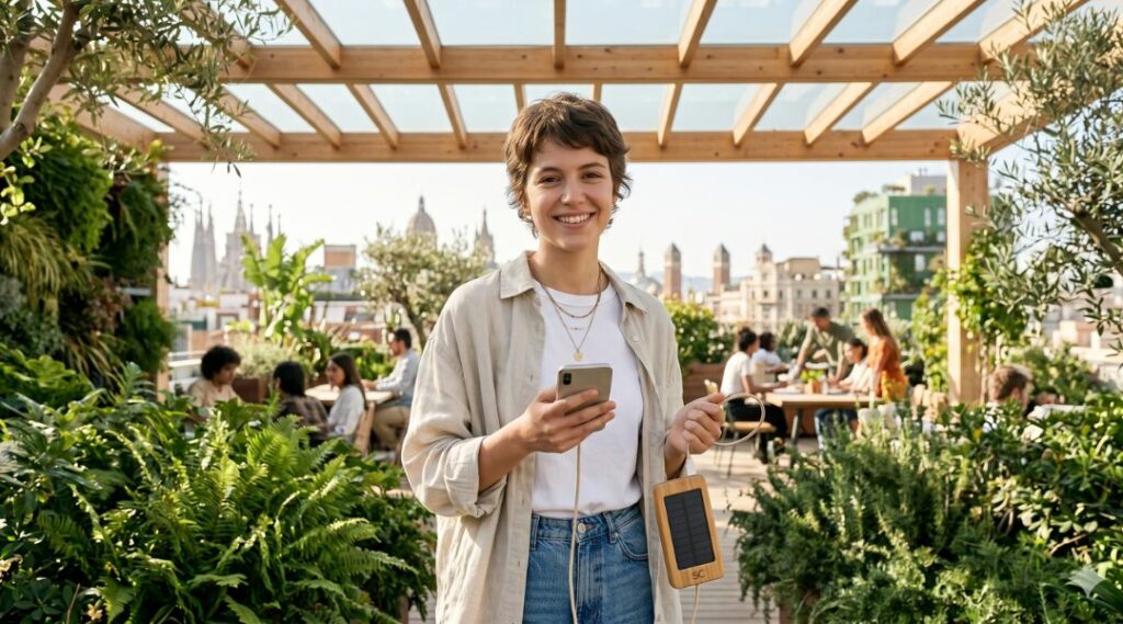 Woman with solar-powered charger