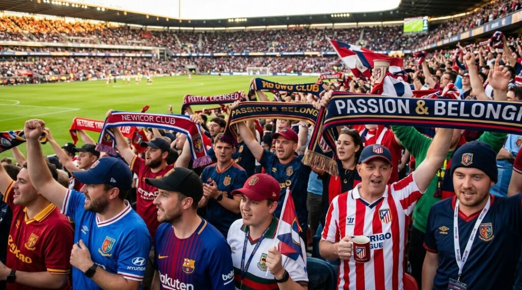 Sports fans with branded merchandising