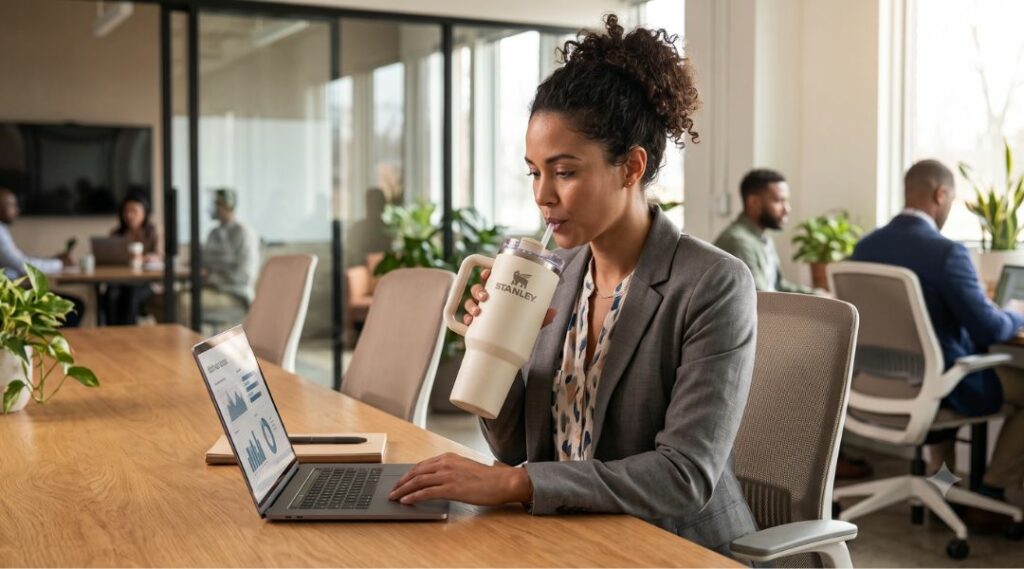 Woman drinking from a Stanley bottle in the office