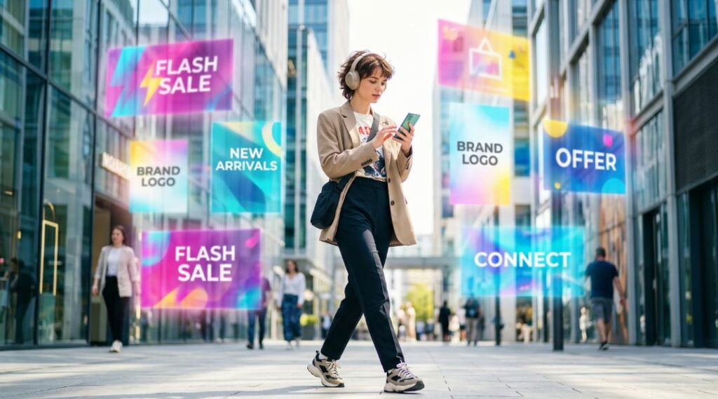Girl walking down street with advertisements