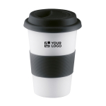 Travel ceramic mug with silicone band and lid, 400 ml black colour view with print area