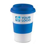Travel ceramic mug with silicone band and lid, 400 ml blue colour view with print area