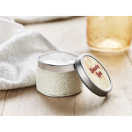 Scented candle in a metal tin for health & wellness promotions white colour second main view