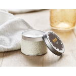 Scented candle in a metal tin for health & wellness promotions white colour third main view