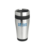 Affordable stainless steel and plastic thermos mug, 410 ml black colour view with print area