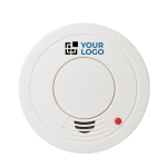 Smoke detector with function display in plastic housing white colour view with print area