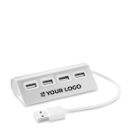 USB hub, aluminium with 4 x USB 2.0 ports, cable length 14.5 cm matt silver colour view with print area