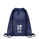 Dawstring bag with front pocket made of polyester blue colour view with print area