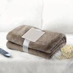 Cuddly blanket made of flecce for gifting, with printed logo khaki colour ambient view
