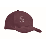 Promotional baseball cap with 6 panels and tuck tab burgundy colour main view