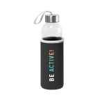 Glass bottle with stainless steel lid and ribbon, 520 ml black colour image with logo