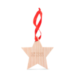 Wooden christmas star decoration with red ribbon for hanging wood colour view with print area