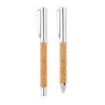 Ballpoint and rollerball pen set in sustainable cork housing wood colour third view