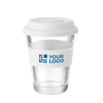 Glass takeway cup with lid and printable silicone band, 350 ml white colour view with print area