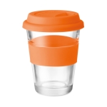 Glass takeaway cup with lid and silicone band, 350 ml orange colour