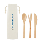 Bamboo cutlery set in canvas bag white colour view with print area