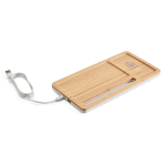 Desk organiser with phone charging station, bamboo surface natural colour image with logo