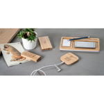 Desk organiser with phone charging station, bamboo surface first view