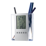 Pencil holder with time, alarm, calendar and temperature display transparent colour