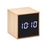 Cube-shaped alarm clock, bamboo housing & temperature display wood colour