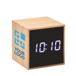 Cube-shaped alarm clock, bamboo housing & temperature display wood colour view with print area