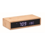 LED table clock with wireless phone charging, bamboo housing wood colour