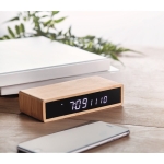 LED table clock with wireless phone charging, bamboo housing wood colour second ambient view