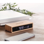 LED table clock with wireless phone charging, bamboo housing wood colour second ambient view 2