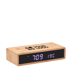 LED table clock with wireless phone charging, bamboo housing view with print area