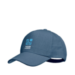 Branded cap with 5 panels and brass buckle blue colour view with print area