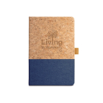 Sustainable lined A5 notebook with cork blue colour image with logo 2