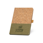 Sustainable lined A5 notebook with cork dark green colour image with logo