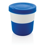 Eco takeaway cups with logo, grip and lid, 280 ml blue colour