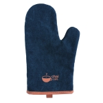 Padded personalised oven mitt with brown stripe blue colour