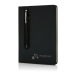 PU notebook with stylus pen, A5, ruled pages black colour view with logo