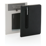 PU notebook with stylus pen, A5, ruled pages black colour view with box
