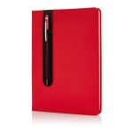 PU notebook with stylus pen, A5, ruled pages red colour