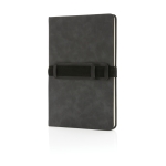 Branded notebook with horizontal strap, A5, ruled pages dark grey colour