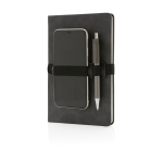 Branded notebook with horizontal strap, A5, ruled pages dark grey colour