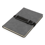 Branded notebook with horizontal strap, A5, ruled pages dark grey colour
