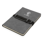 Branded notebook with horizontal strap, A5, ruled pages dark grey colour