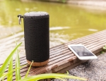 Promotional speaker with waterproof fabric and cork base black colour