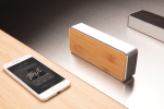 Bluetooth speaker with aluminium, natural bamboo and fabric, with subwoofer brown colour