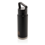 High-quality steel bottle with unique handle, 650 ml black colour view with logo