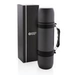 Corporate stainless steel thermos with two cups, 700 ml dark grey colour