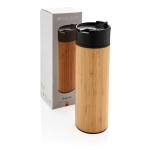 Elegant bamboo thermal mug with anti-drip lid, 450 ml wood colour