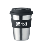 Coffee travel cup, stainless steel, silicone band & logo, 350 ml black colour view with print area